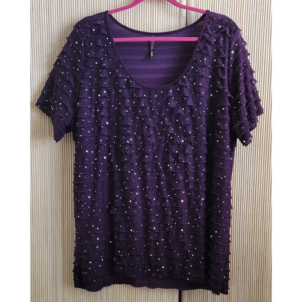 Judith Women's Top 3X Deep Purple Silver Bling V-Neck Short Sleeve Pullover EUC